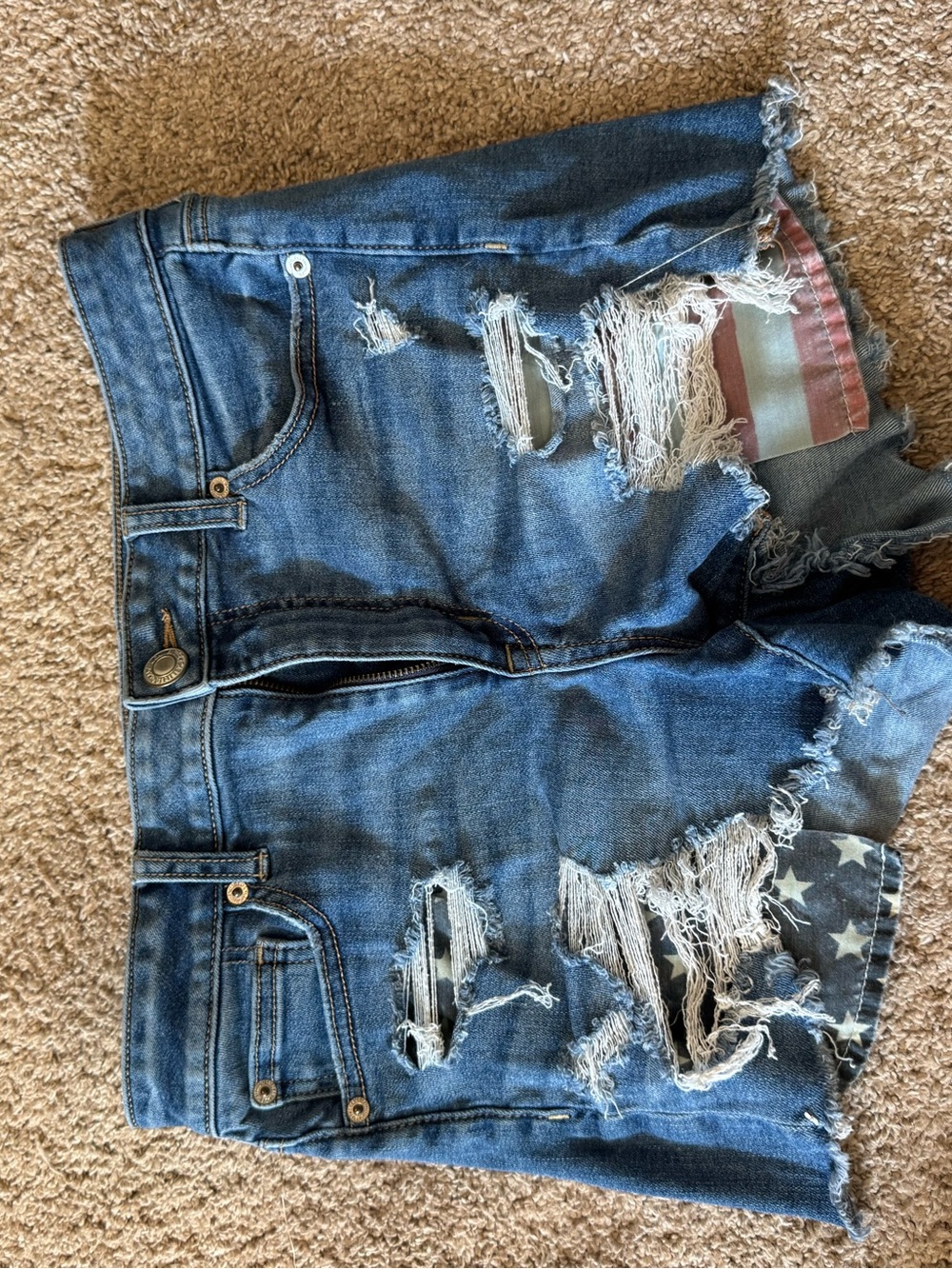 American Eagle Distressed Blue Denim Women's Shorts with Flag Accent